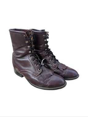 Vintage Laredo Burgundy Leather Lace-Up Western Roper Boots Kiltie Fringe | Sz 8